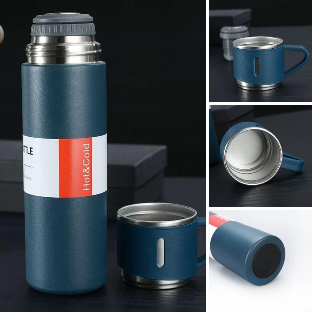 Stovella 3-Piece Stainless Steel Vacuum Flask Gift Set – 500ml Thermal Mug Bottle with 2 Extra Cups, Leak-Proof Insulated Travel Mug